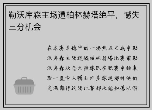 勒沃库森主场遭柏林赫塔绝平，憾失三分机会