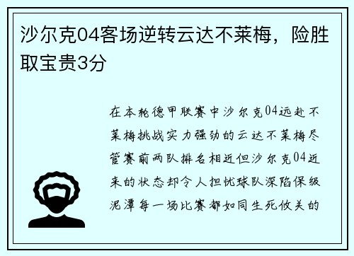 沙尔克04客场逆转云达不莱梅，险胜取宝贵3分
