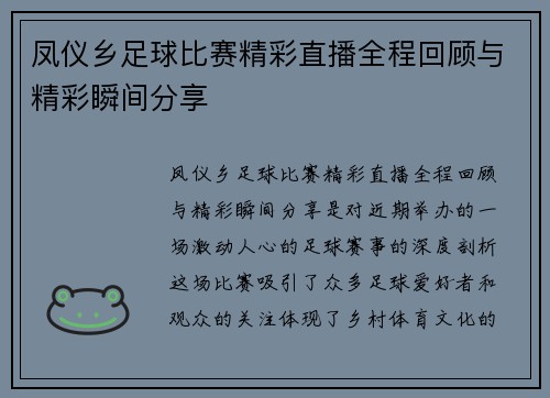 凤仪乡足球比赛精彩直播全程回顾与精彩瞬间分享